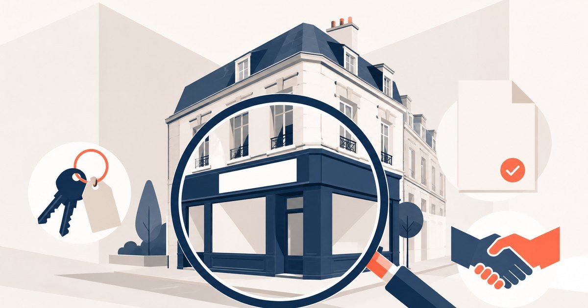 Diagnostics pour vendre un local commercial : boutique en pied d’immeuble français inspectée à la loupe, clés, dossier de diagnostic validé et poignée de main