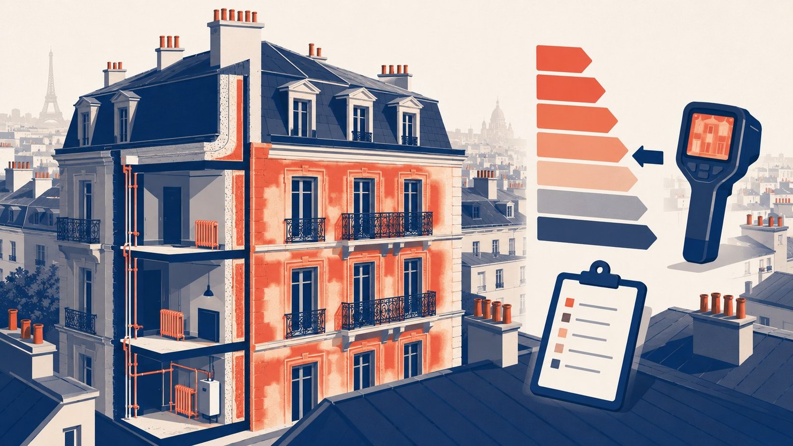 DPE collectif immeuble haussmannien à Paris — étiquette énergie et caméra thermique