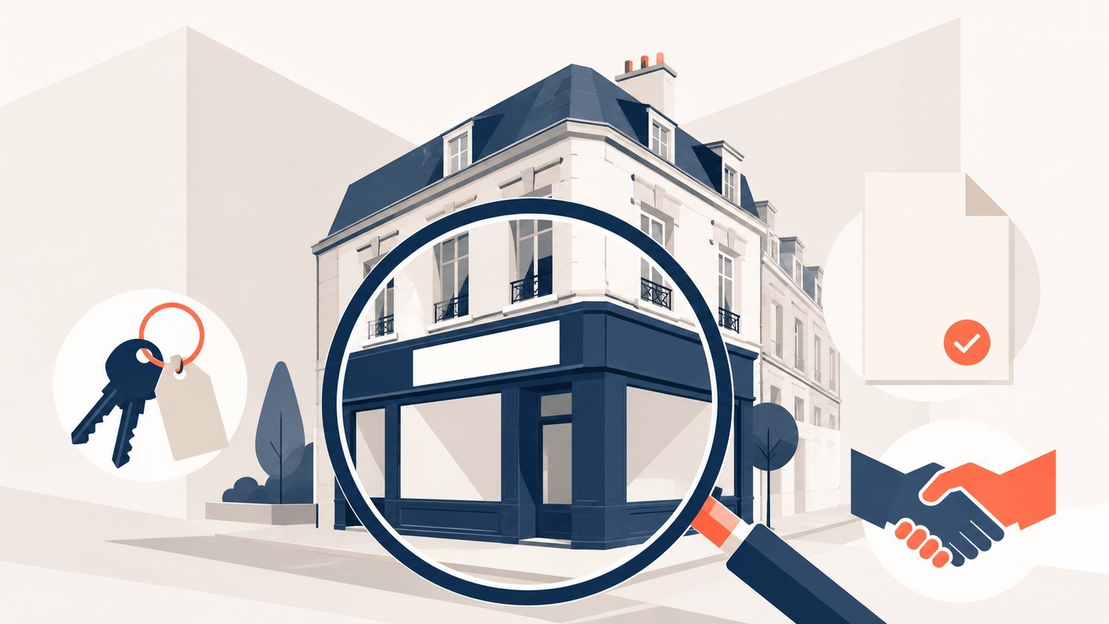 Diagnostics obligatoires d’un local commercial : boutique en pied d’immeuble français inspectée à la loupe, clés, dossier de diagnostic validé et poignée de main